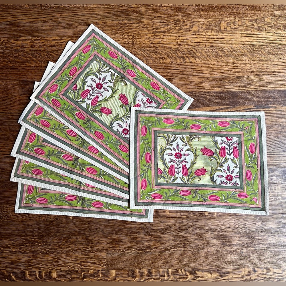 Boho Floral Cotton Placemats, Set of 6, Woodblock Batik Print